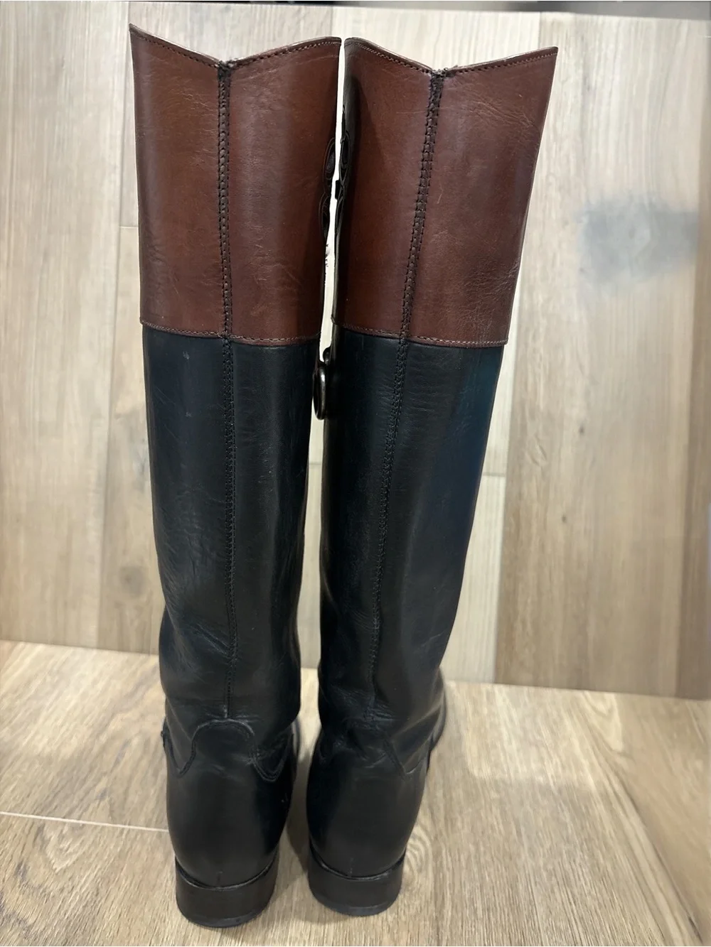Frye Melissa Two Tone Logo Black Brown Leather Pull-On English Riding Boots 8B